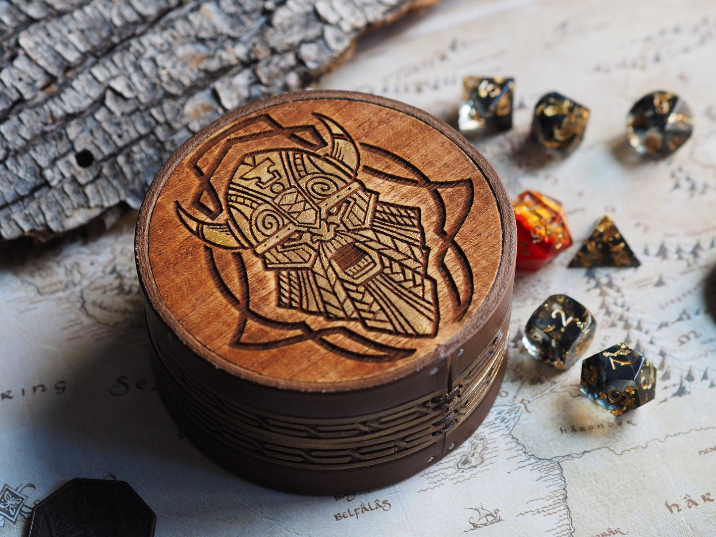 Wood and leather dice box - Dwarven lord