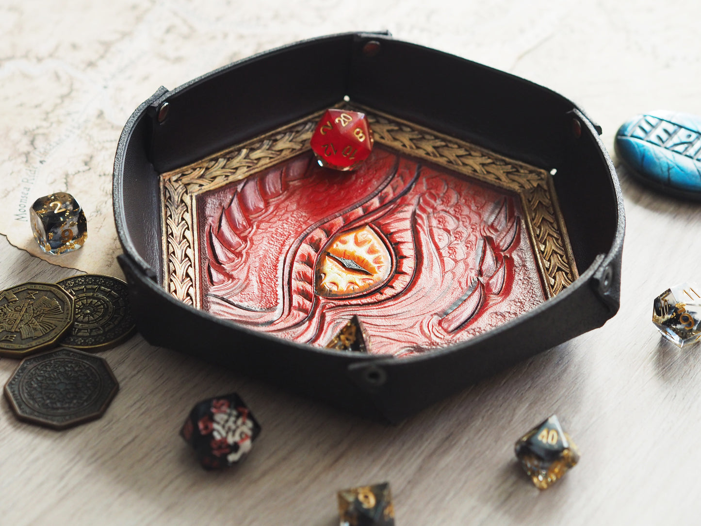 Tabletop leather dice tray - dragon eye