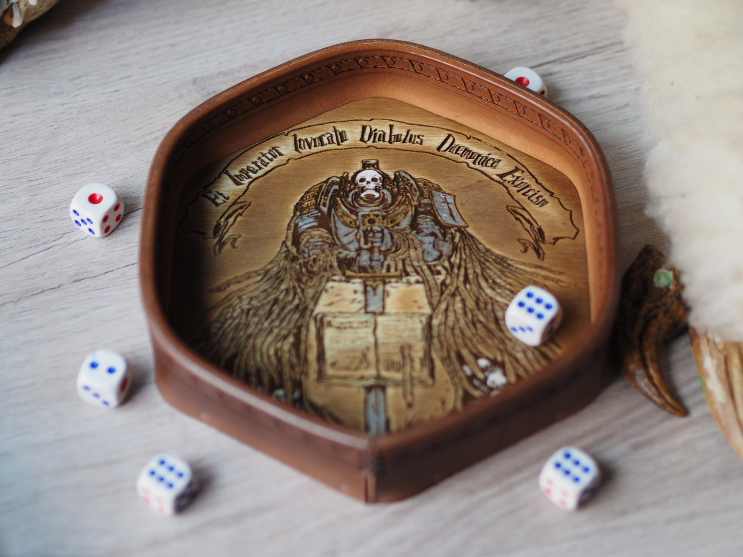 Tabletop wood and leather dice tray - WH40K grey knights army