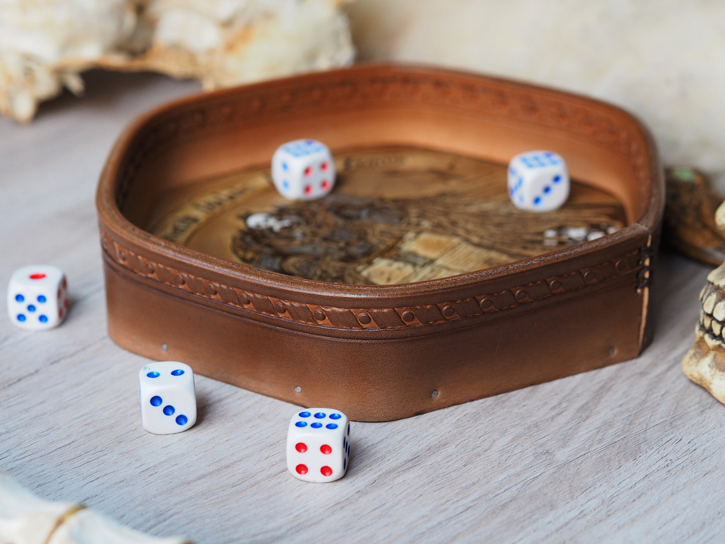 Tabletop wood and leather dice tray - WH40K grey knights army