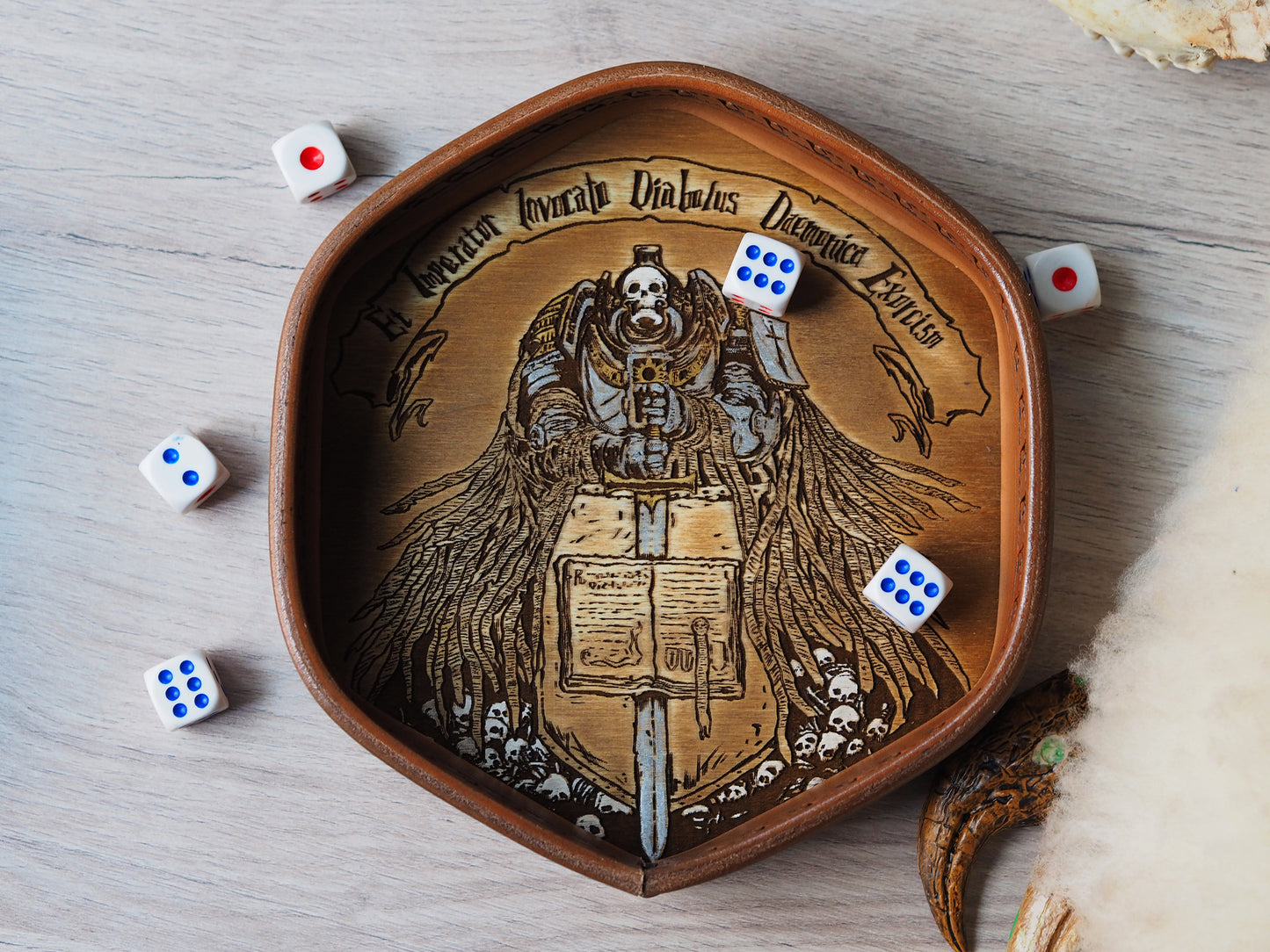 Tabletop wood and leather dice tray - WH40K grey knights army