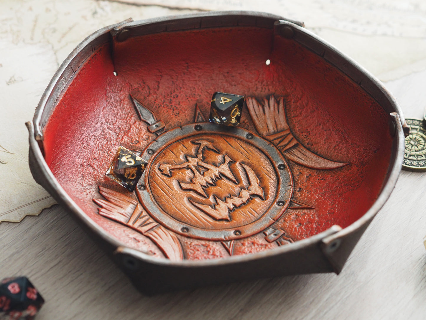 Tabletop leather dice tray - orc warrior