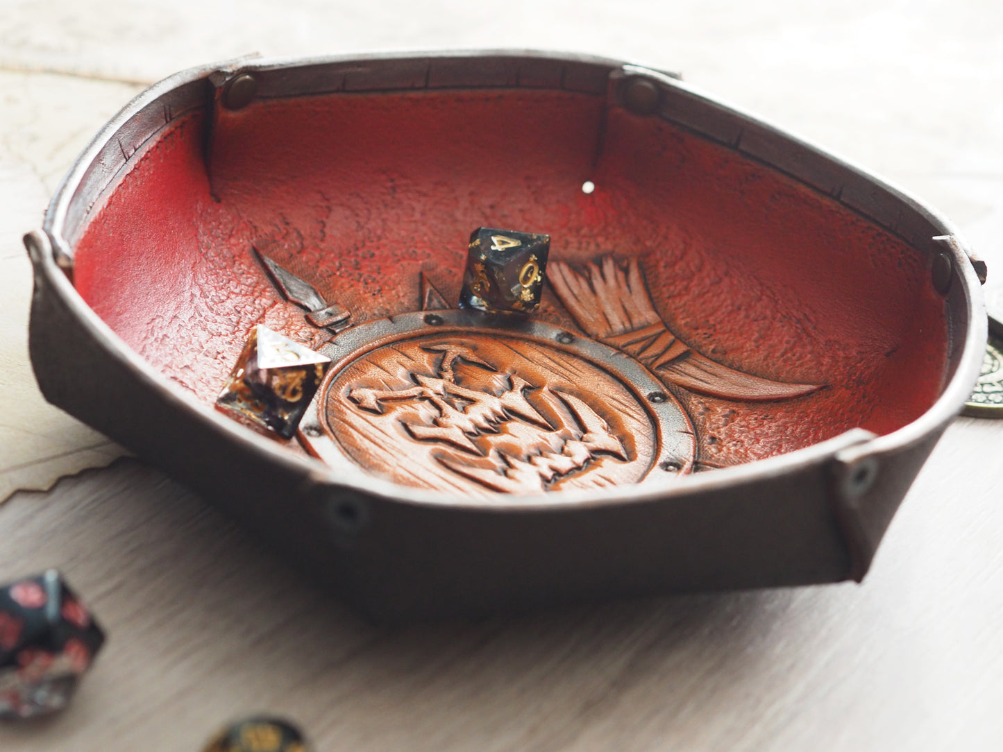 Tabletop leather dice tray - orc warrior